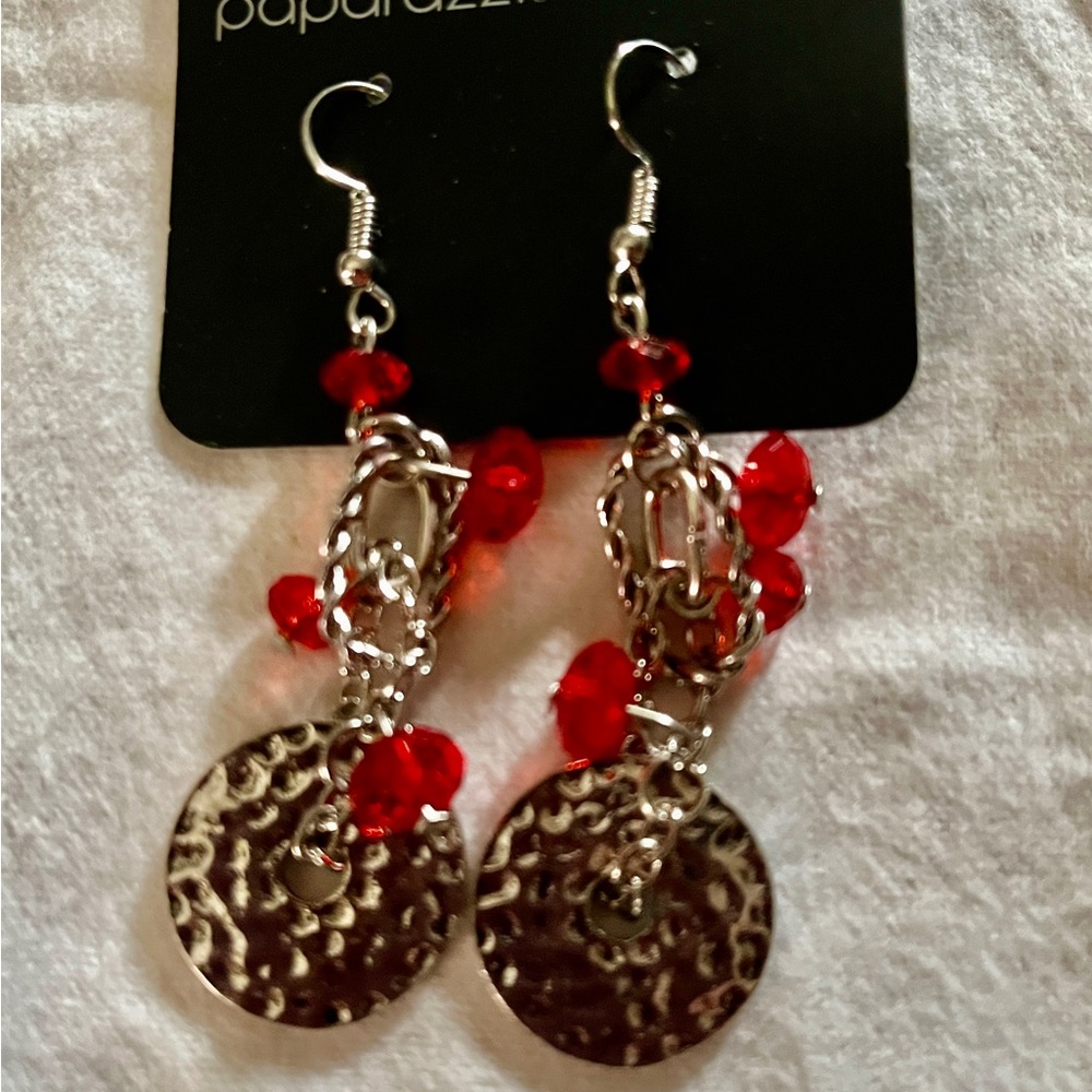 Paparazzi Red and Silver Dangle Earrings with Textured Design